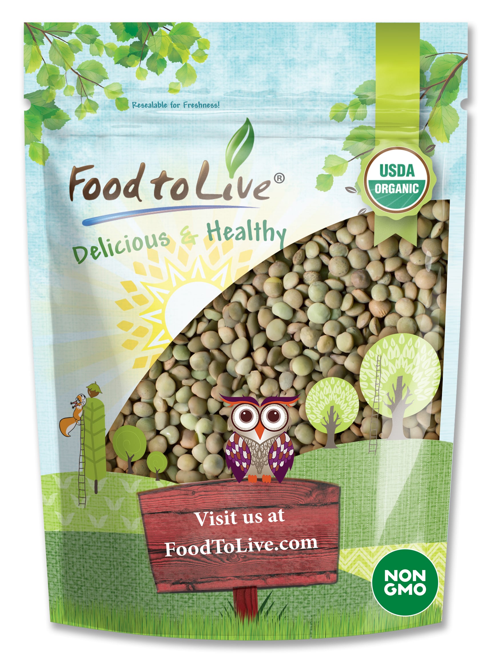 Organic Whole Green Lentils - Sproutable, Non-GMO, Kosher, Raw - by Food To Live