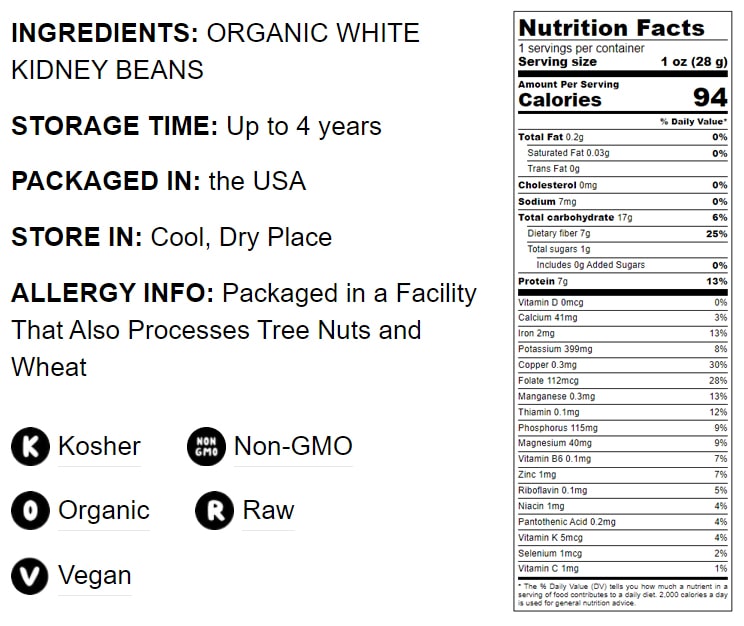 Organic Large White Kidney Beans — Whole Raw Dried Beans, Vegan, Kosher, Bulk.