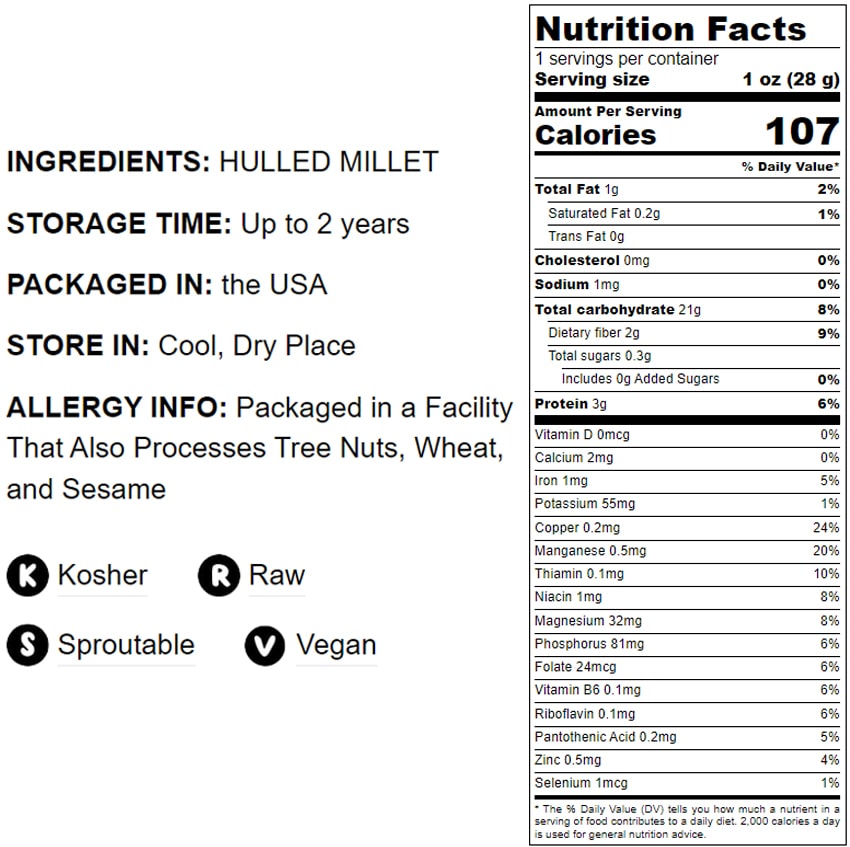Millet Seeds - Sproutable, Kosher, Raw, Vegan - by Food To Live