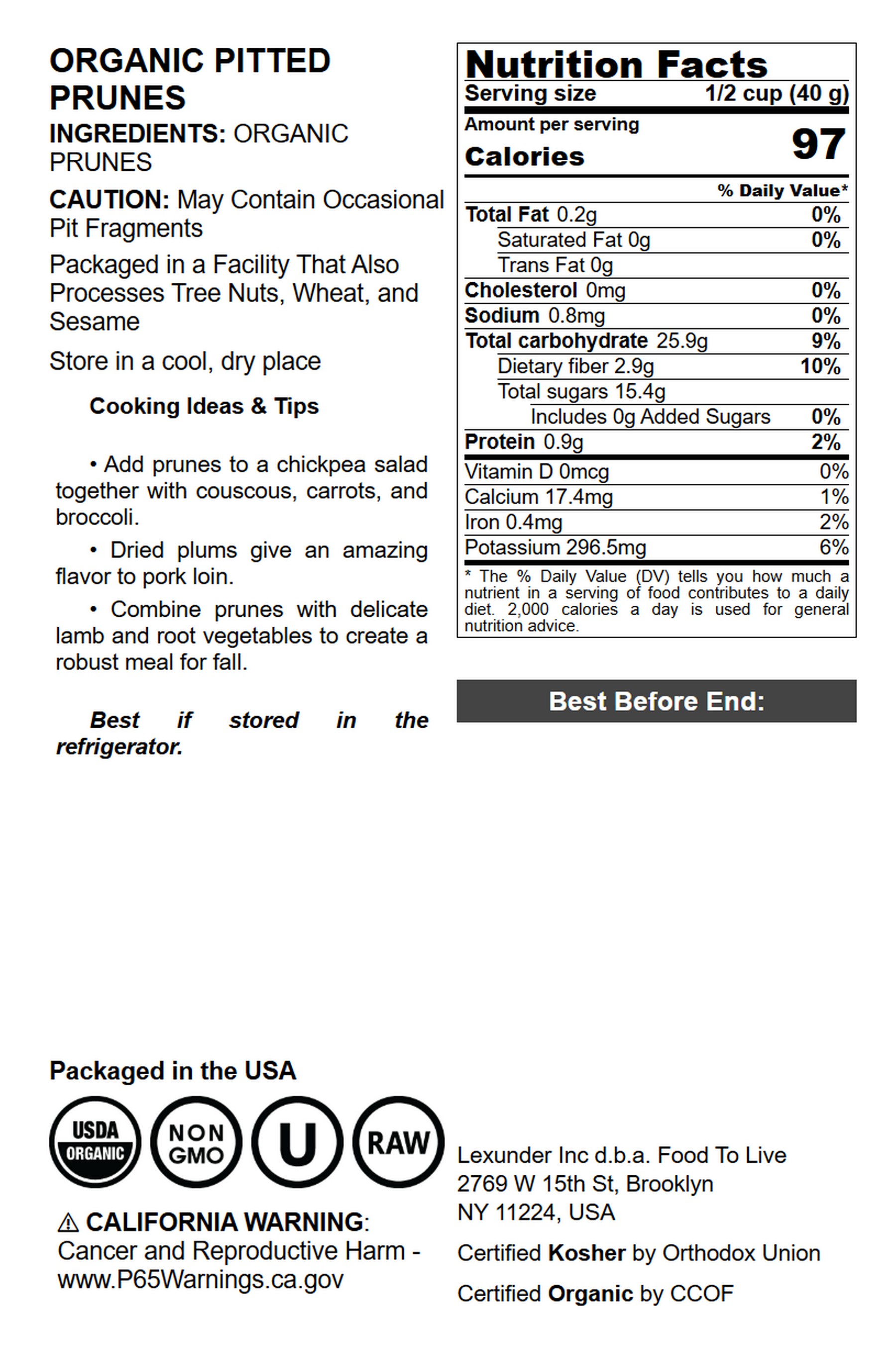 Organic Pitted Prunes - Non-GMO, Kosher, Raw, Vegan - by Food To Live - Picture 54 of 59