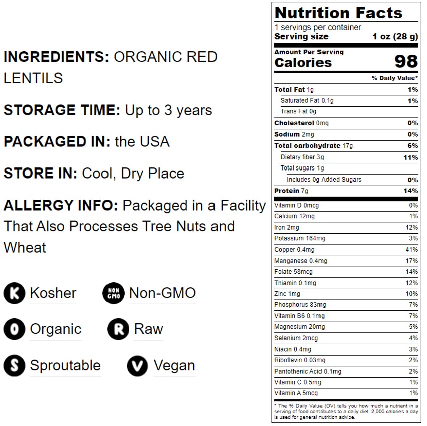 Organic Red Lentils Whole - Non-GMO, Kosher, Raw, Sproutable - by Food to Live - Picture 25 of 49