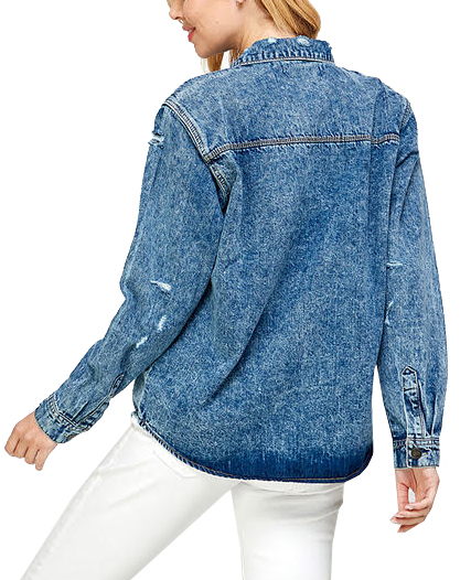Women's Oversized Cotton Long Sleeve Distressed Denim Jean Button Down Shirt - Picture 11 of 16