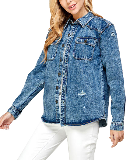 Women's Oversized Cotton Long Sleeve Distressed Denim Jean Button Down Shirt - Picture 8 of 16