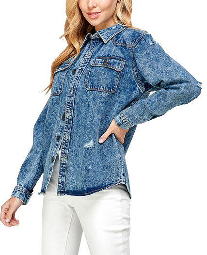 Women's Oversized Cotton Long Sleeve Distressed Denim Jean Button Down Shirt - Picture 10 of 16
