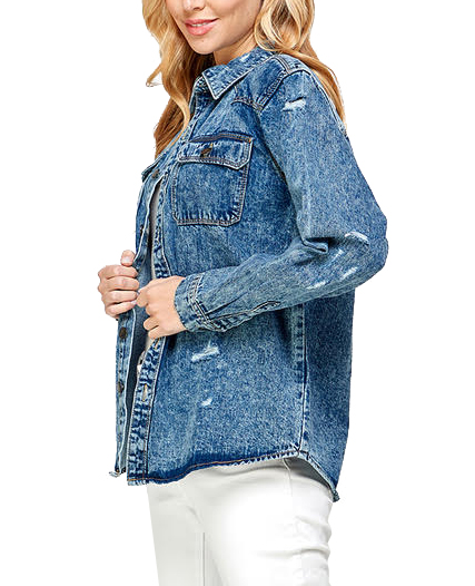 Women's Oversized Cotton Long Sleeve Distressed Denim Jean Button Down Shirt - Picture 9 of 16