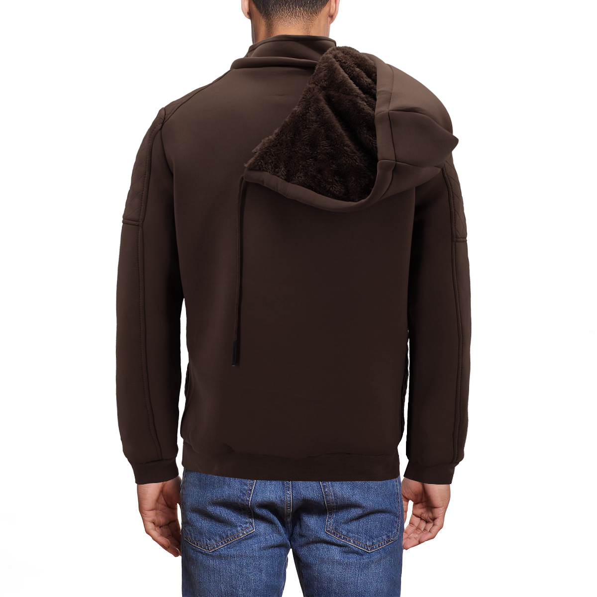 Men's Quilted Pattern Sherpa Lined Removable Hood Zip Up Sweater Jacket - Picture 8 of 25