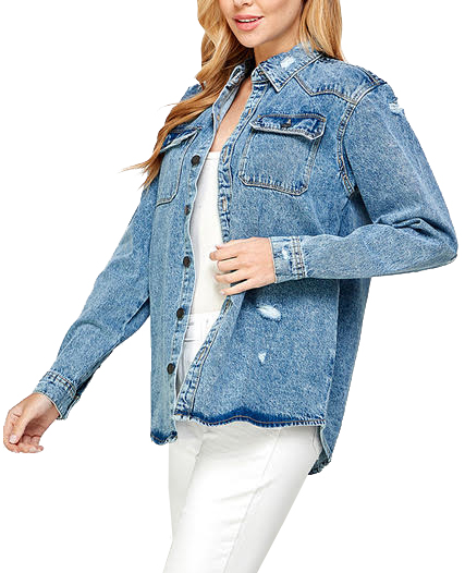 Women's Oversized Cotton Long Sleeve Distressed Denim Jean Button Down Shirt - Picture 13 of 16