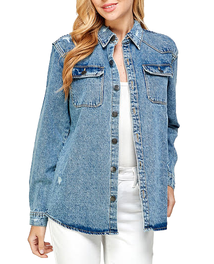Women's Oversized Cotton Long Sleeve Distressed Denim Jean Button Down Shirt - Picture 12 of 16
