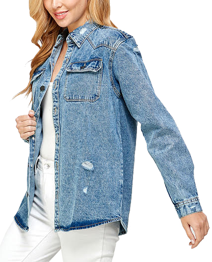 Women's Oversized Cotton Long Sleeve Distressed Denim Jean Button Down Shirt - Picture 14 of 16