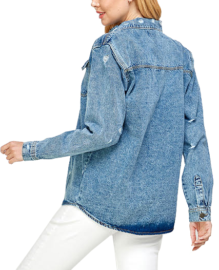 Women's Oversized Cotton Long Sleeve Distressed Denim Jean Button Down Shirt - Picture 16 of 16