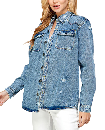 Women's Oversized Cotton Long Sleeve Distressed Denim Jean Button Down Shirt - Picture 15 of 16
