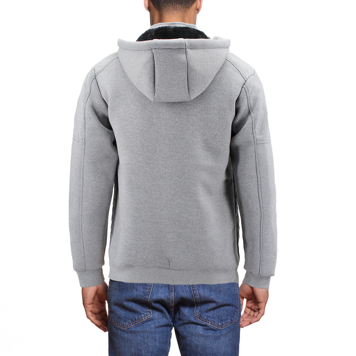 Men's Quilted Pattern Sherpa Lined Removable Hood Zip Up Sweater Jacket - Picture 11 of 25
