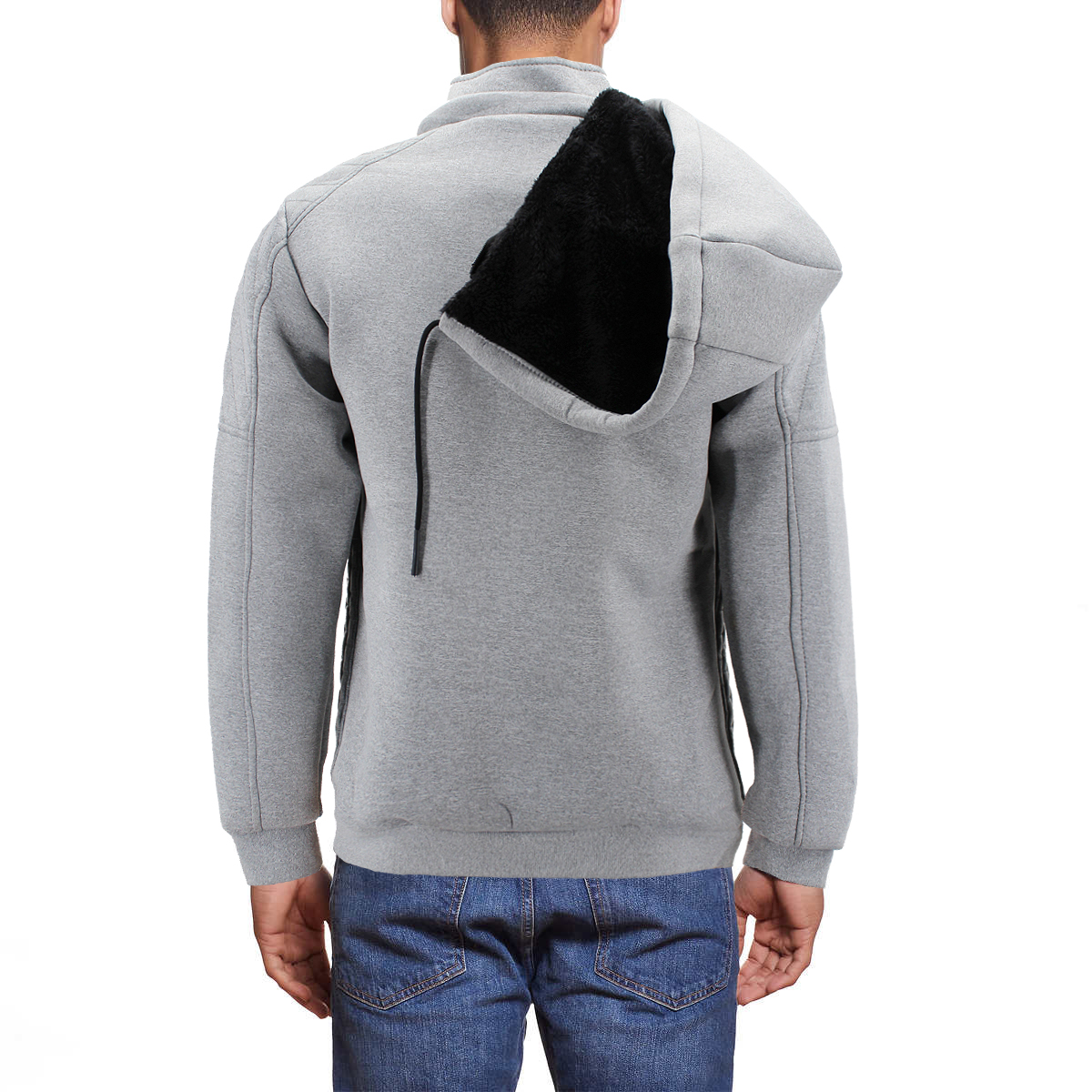 Men's Quilted Pattern Sherpa Lined Removable Hood Zip Up Sweater Jacket - Picture 12 of 25