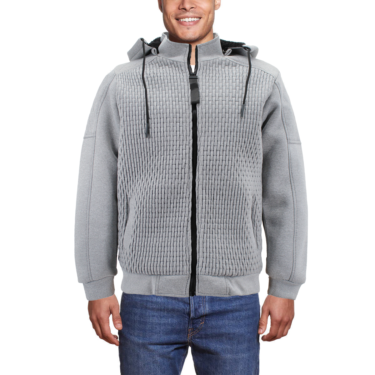 Men's Quilted Pattern Sherpa Lined Removable Hood Zip Up Sweater Jacket - Picture 10 of 25