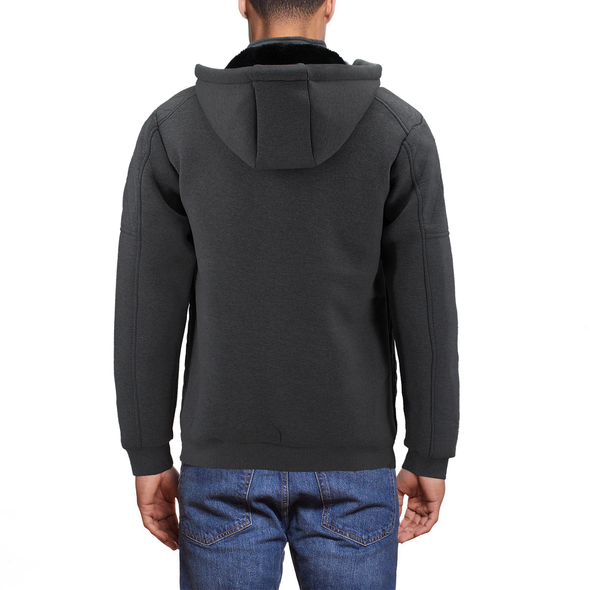 Men's Quilted Pattern Sherpa Lined Removable Hood Zip Up Sweater Jacket - Picture 15 of 25