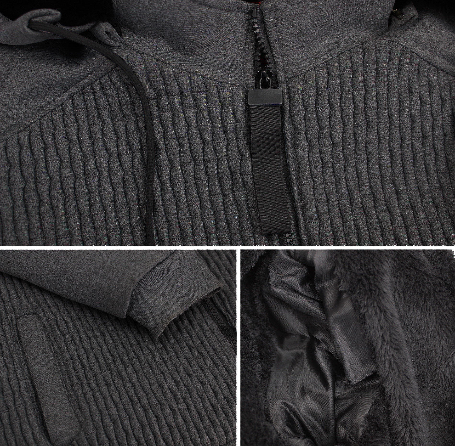 Men's Quilted Pattern Sherpa Lined Removable Hood Zip Up Sweater Jacket - Picture 17 of 25