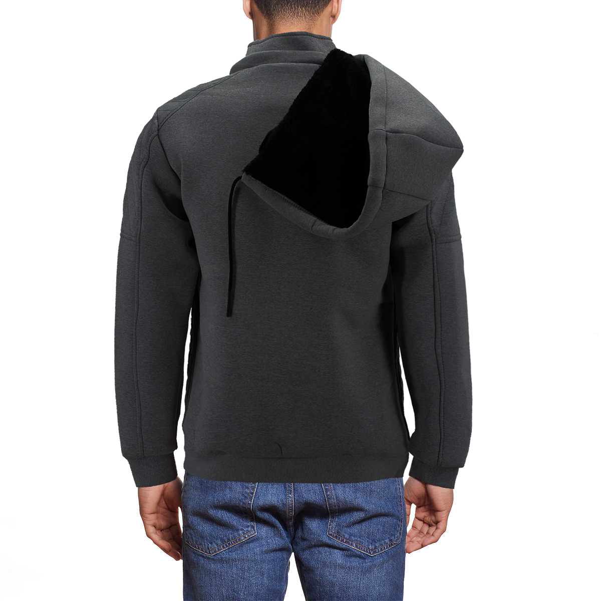 Men's Quilted Pattern Sherpa Lined Removable Hood Zip Up Sweater Jacket - Picture 16 of 25
