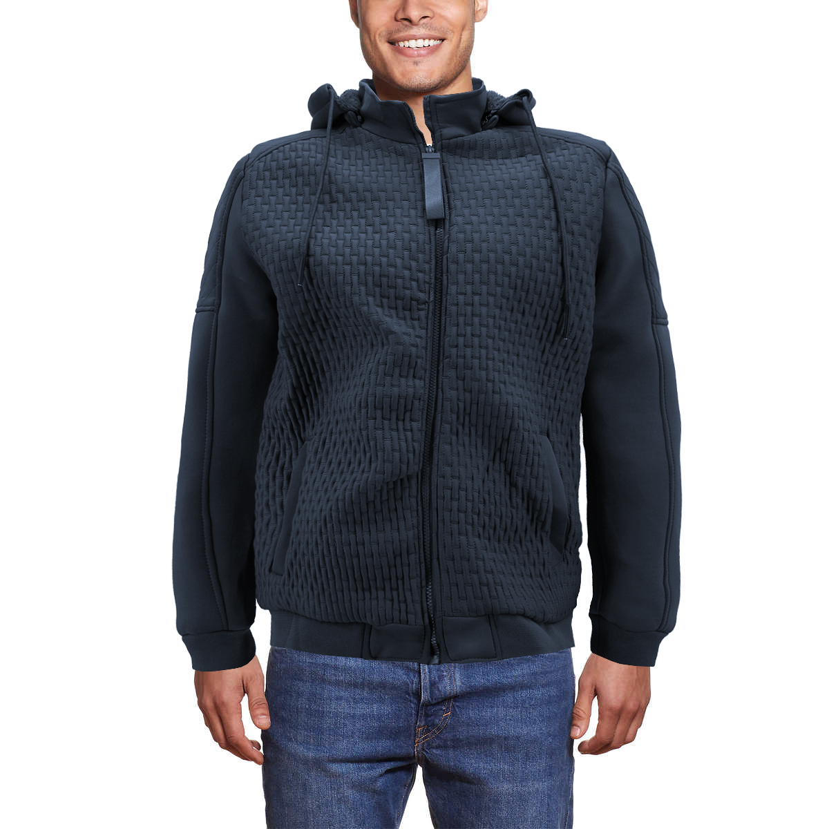 Men's Quilted Pattern Sherpa Lined Removable Hood Zip Up Sweater Jacket - Picture 18 of 25