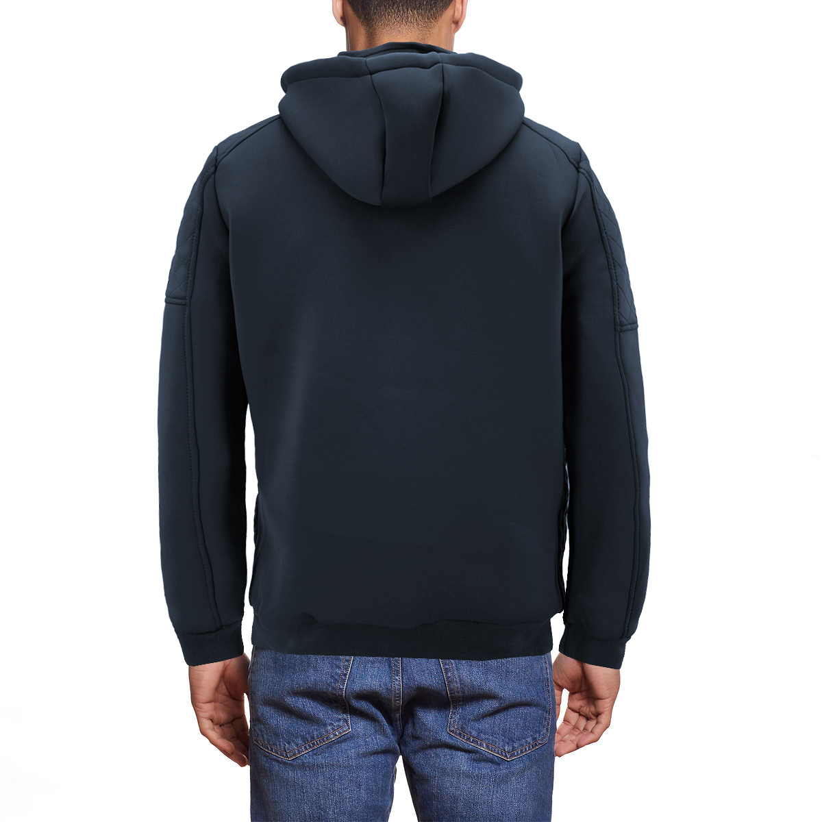 Men's Quilted Pattern Sherpa Lined Removable Hood Zip Up Sweater Jacket - Picture 19 of 25
