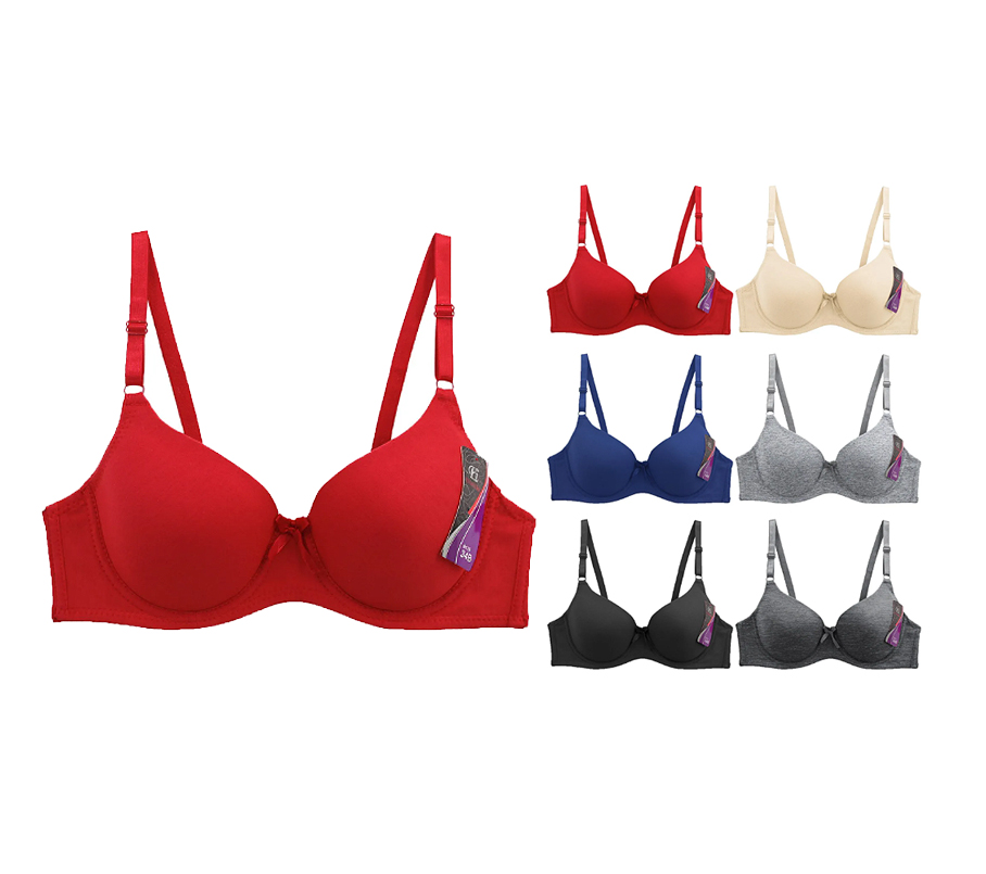 Women’s Classic Cotton Solid Color Padded 4 Hook Closure Bra Set Pack of 6