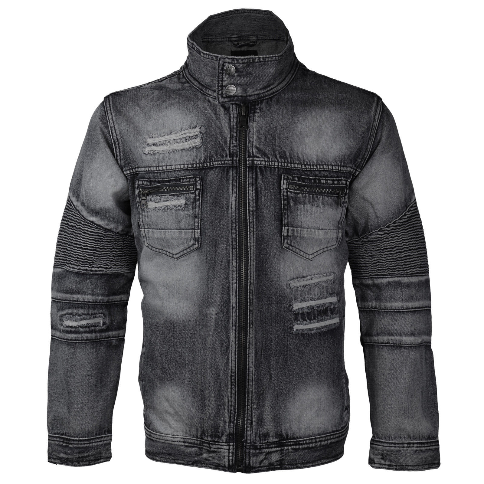 Contender Men's Distressed Multi Pocket Zip Up Cotton Denim Jean Jacket