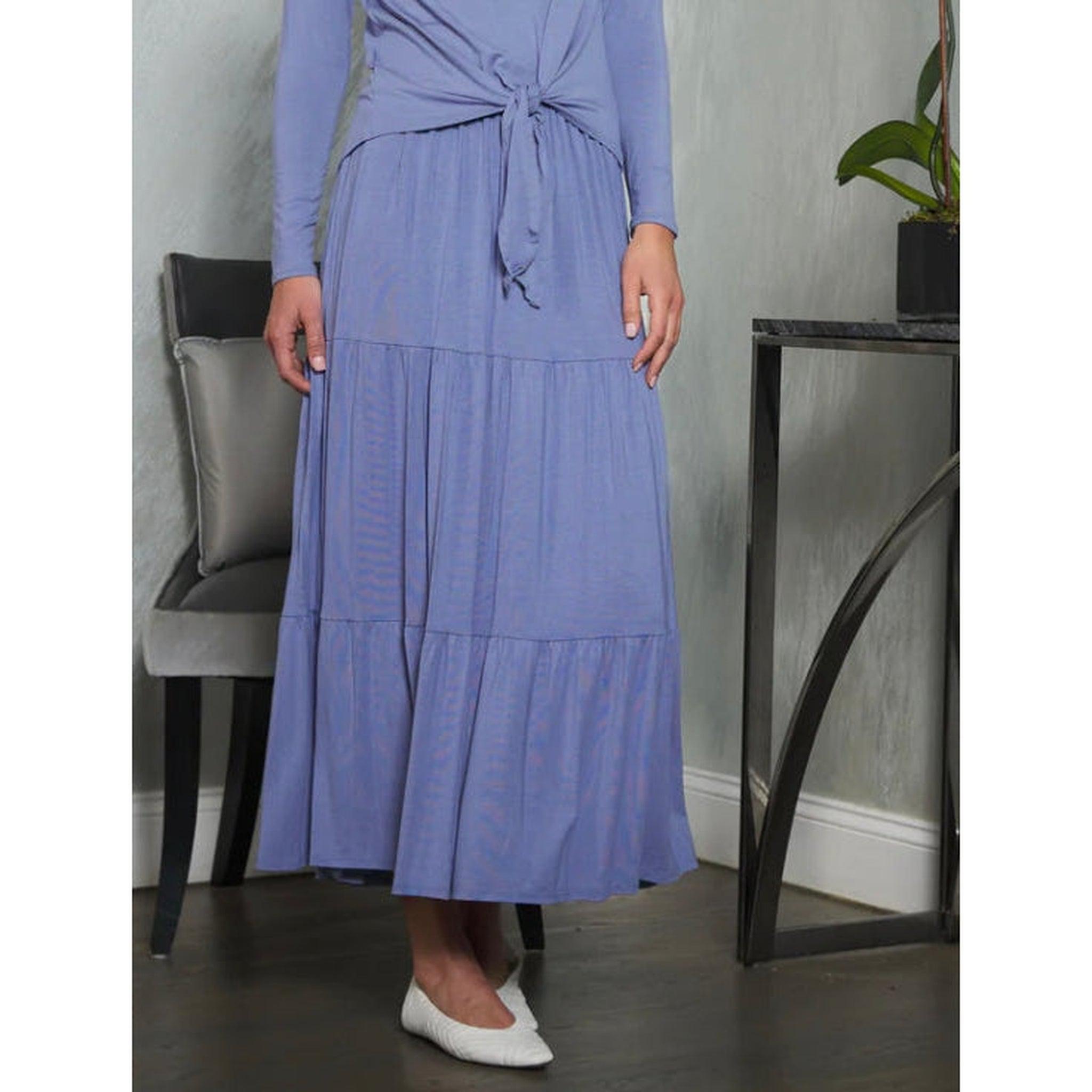 Tiered Maxi Skirt For Women, Blue, Stretchy Opaque Modest Skirt, Comfortable - Picture 7 of 8