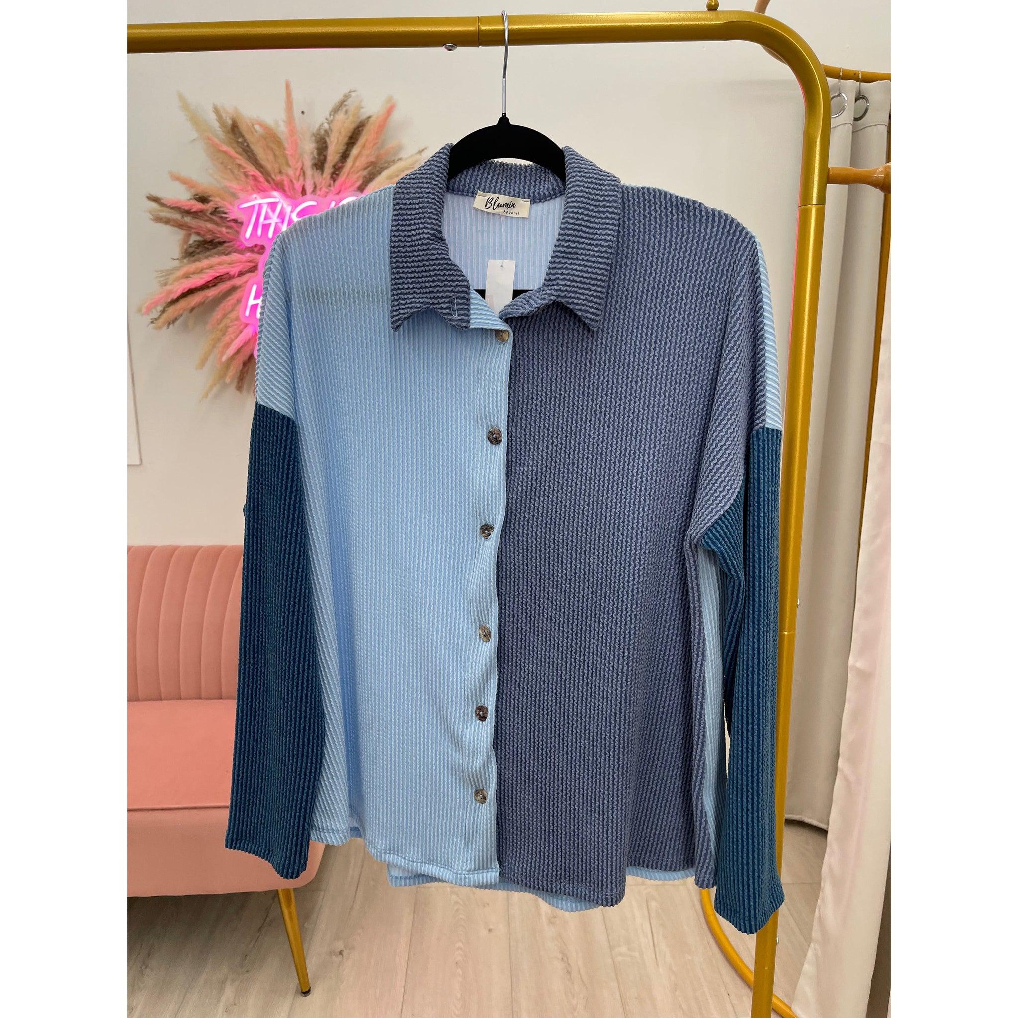 Color Block Top for Women, Blue, SM-3XL, Button Down Shirt, Nursing Friendly - Picture 11 of 13