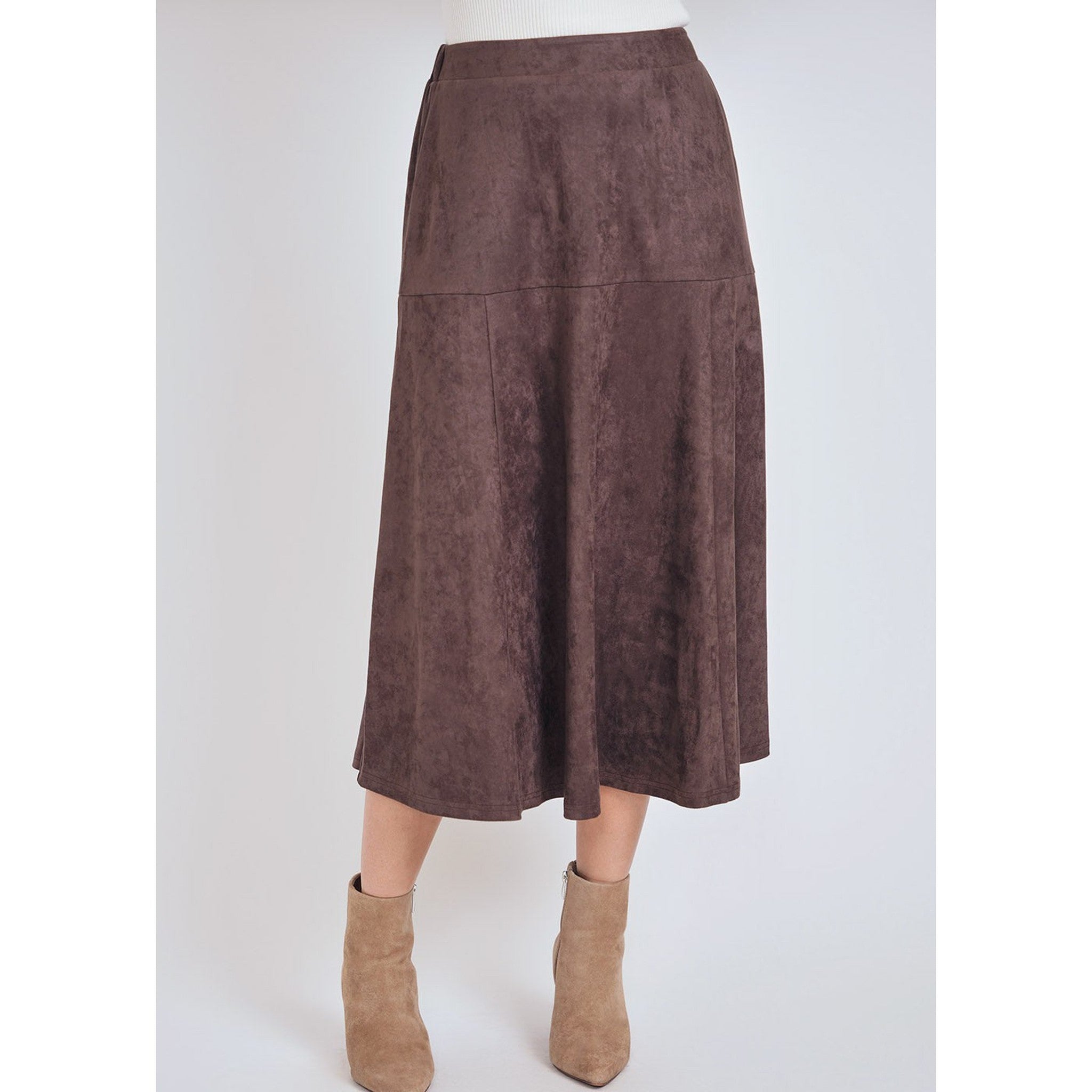 Midi Skirt, Faux Suede, Chocolate Brown A-Line Skirt, Modest Clothing for Women - Picture 10 of 12