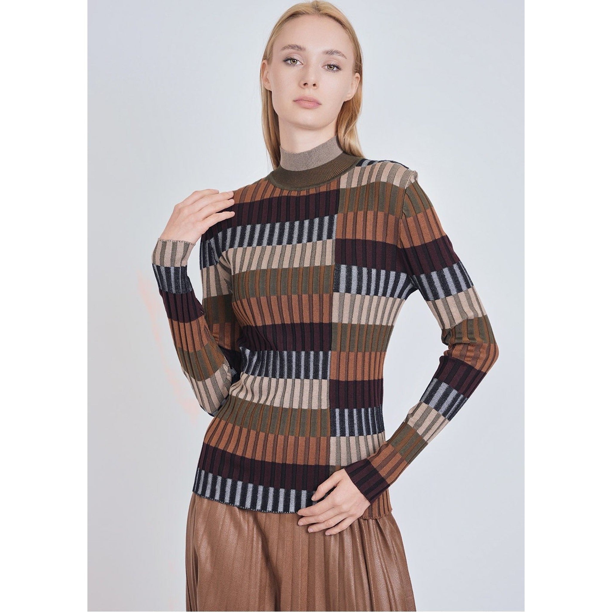 Mock Neck Neutral/Olive Print Sweater, XS-LG, Long Sleeves, Slip on Comfortable - Picture 9 of 11