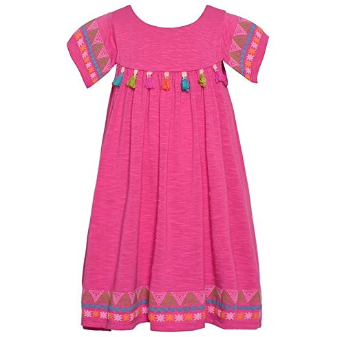 Bonnie Jean Little Girls Fuchsia Ethnic Motif Print Tassel Adorned Dress 2T-6X  - Picture 5 of 5
