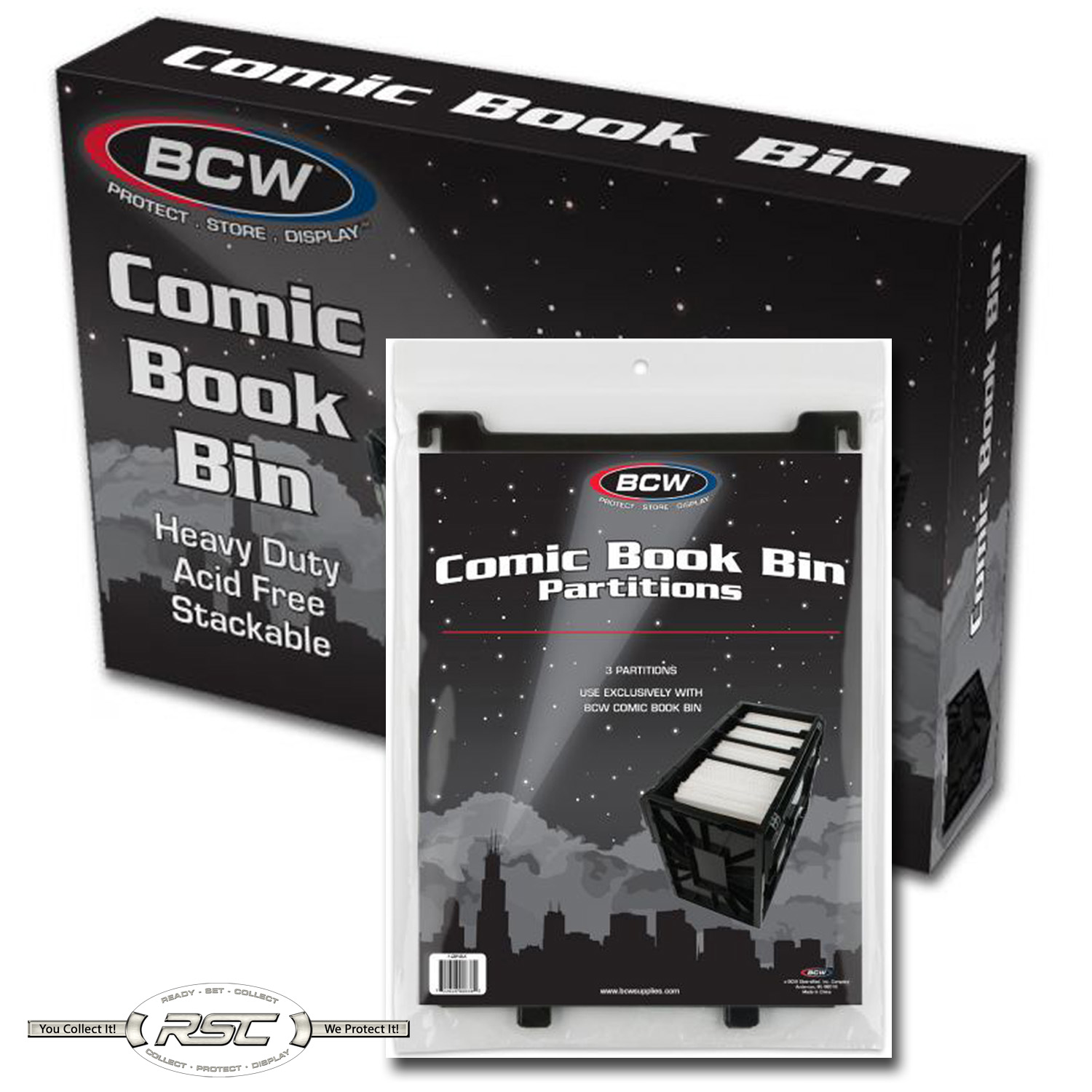 Short Comic Book Bin + 3Pack of Partitions Black Plastic Storage Box