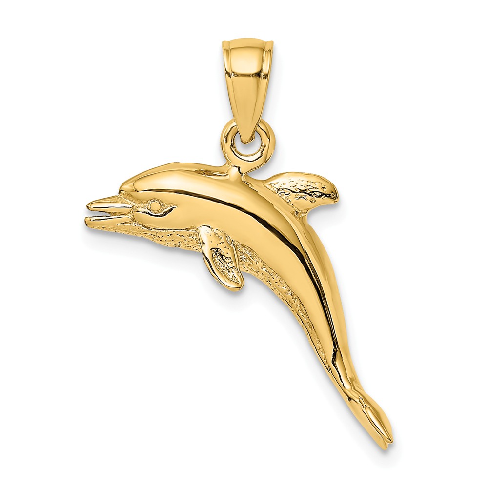 14k Yellow Gold Polished Smiling and Jumping 3D Dolphin Pendant Necklace