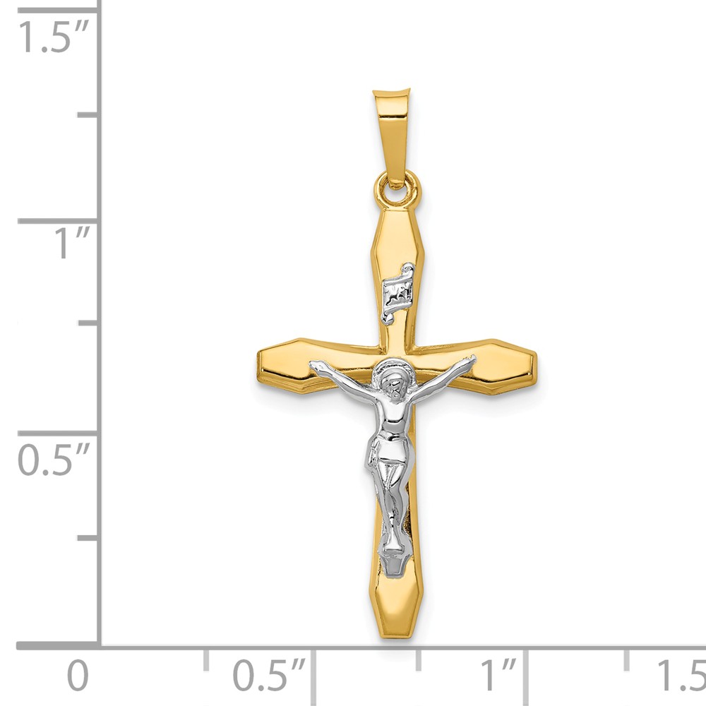 14k Two-tone Gold Polished Lattice Textured INRI Crucifix Pendant