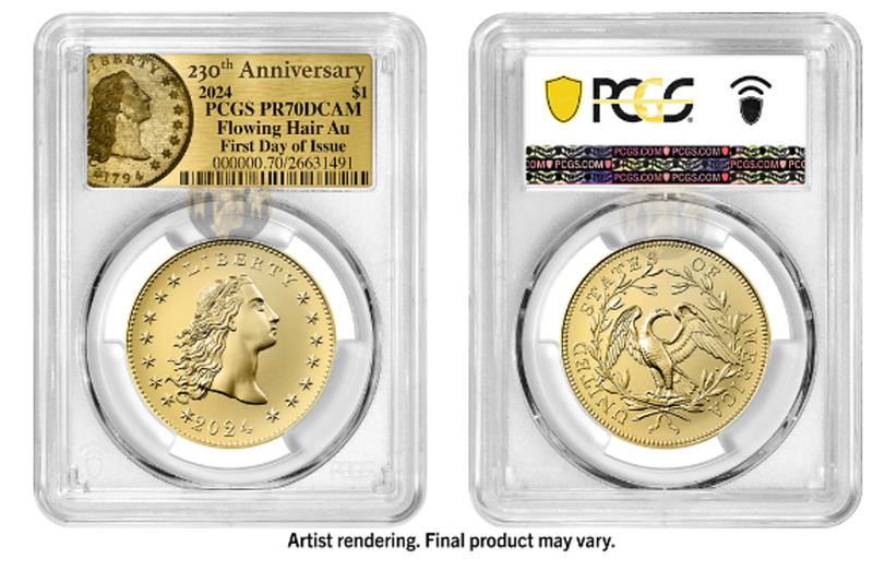2024 (PR70) Flowing Hair Dollar $1 Gold Coin-230 Anniversary-First