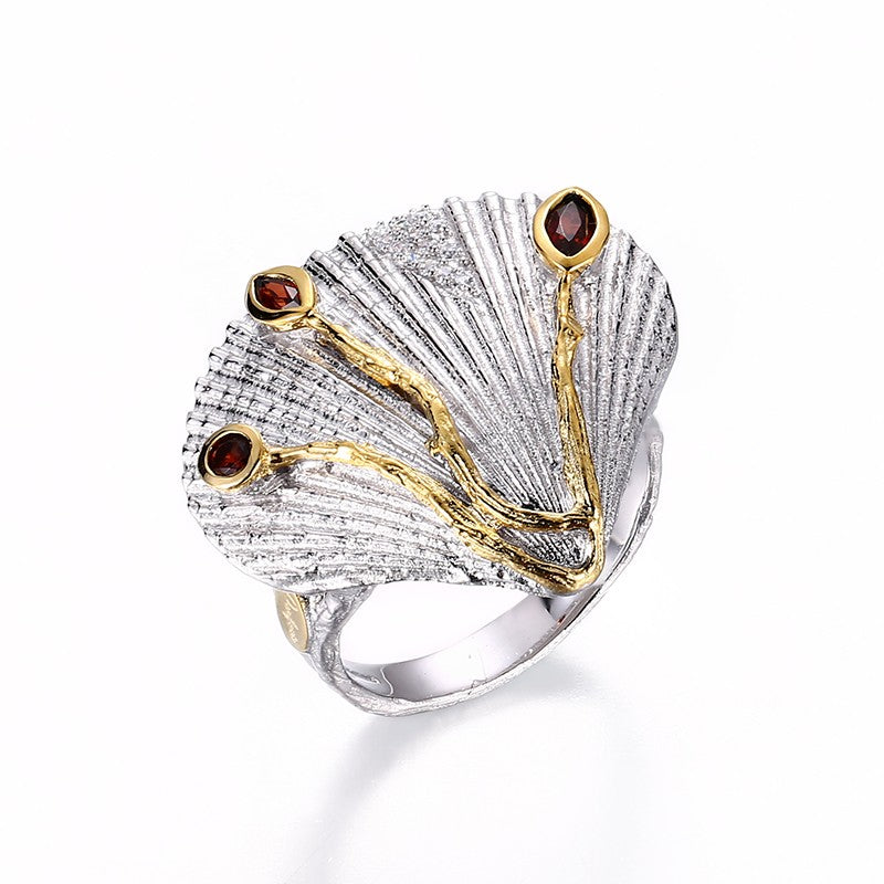Designer Sterling Silver Clam Shell Ring with Garnet and Zirconium Stones. - Picture 7 of 7