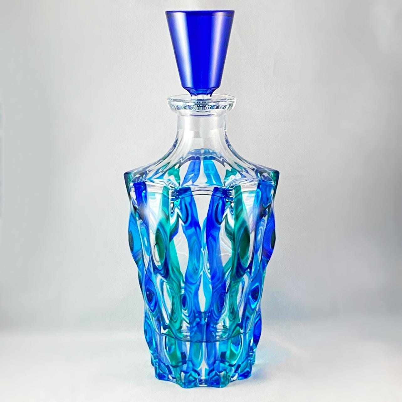 VENETIAN GLASS RIBBON SD Whiskey Decanter, Blue Top Handmade Italy