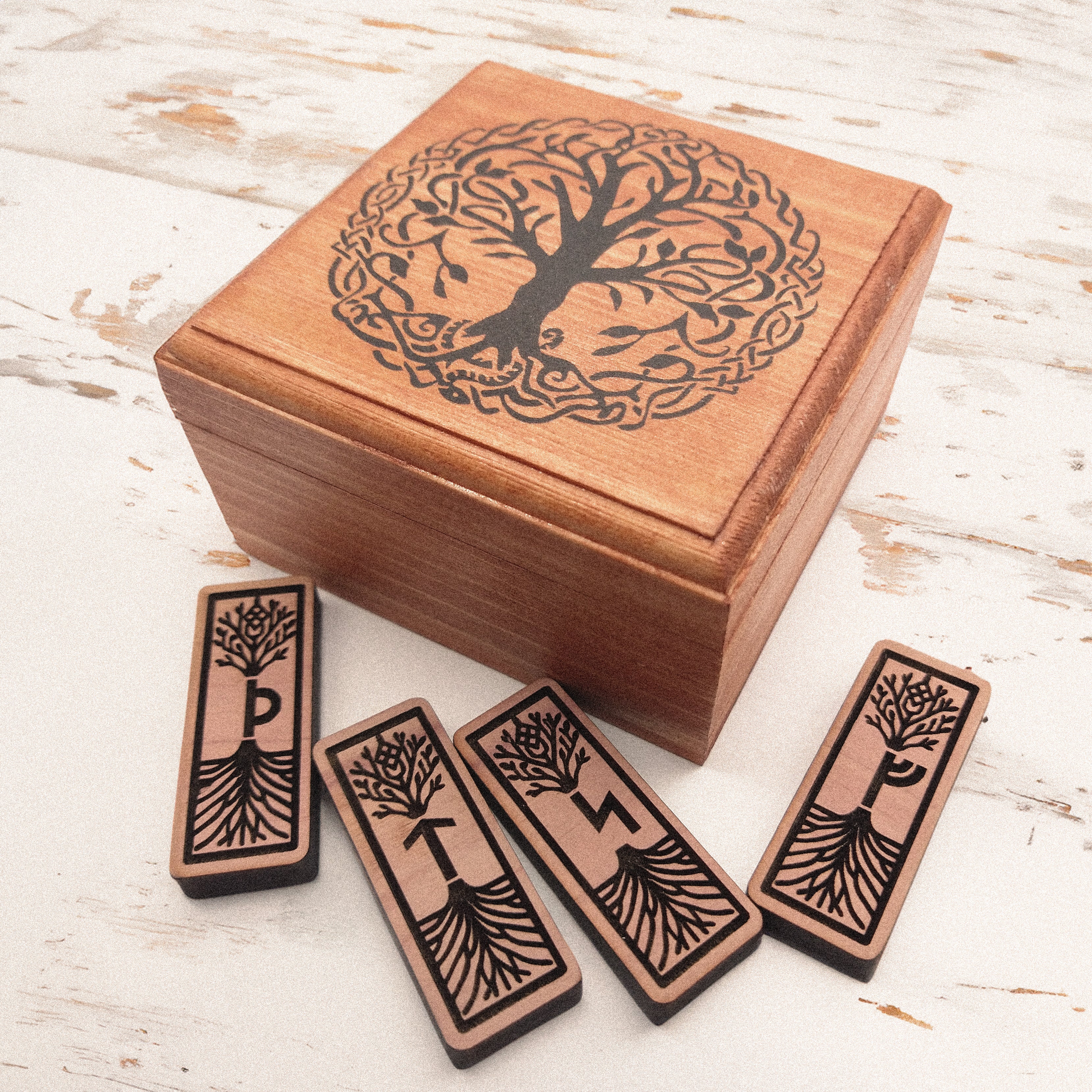 Viking World Tree Norse Celtic Small Keepsake Jewelry Wood Stash box - Picture 4 of 5