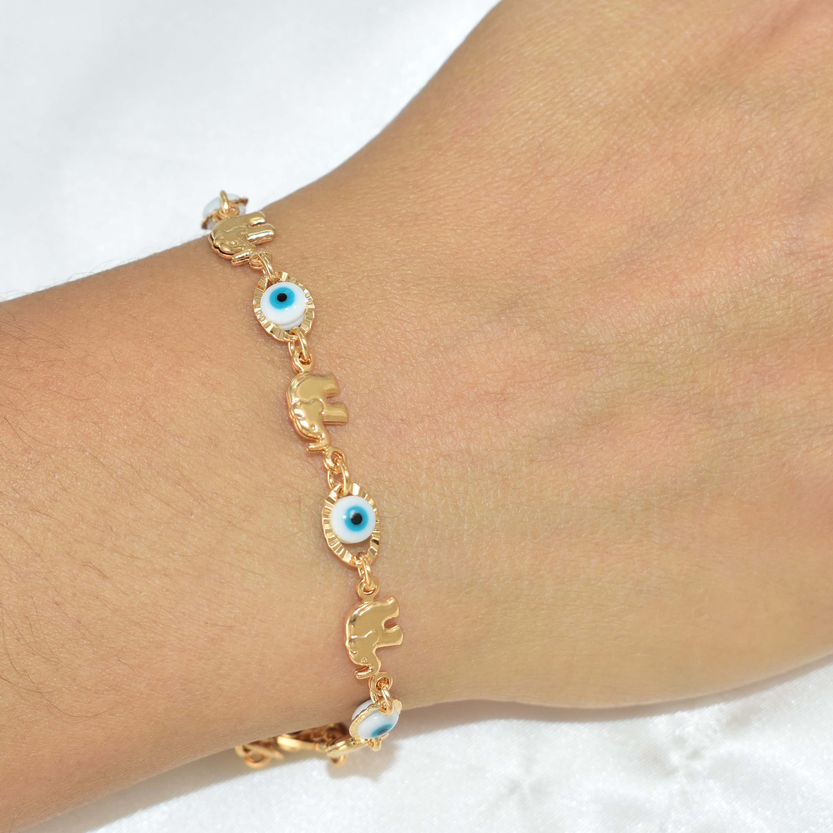 Blue Evil Eye, Elephant Gold Plated Protection Bracelet, 7.5 inch - For Her - Picture 9 of 12
