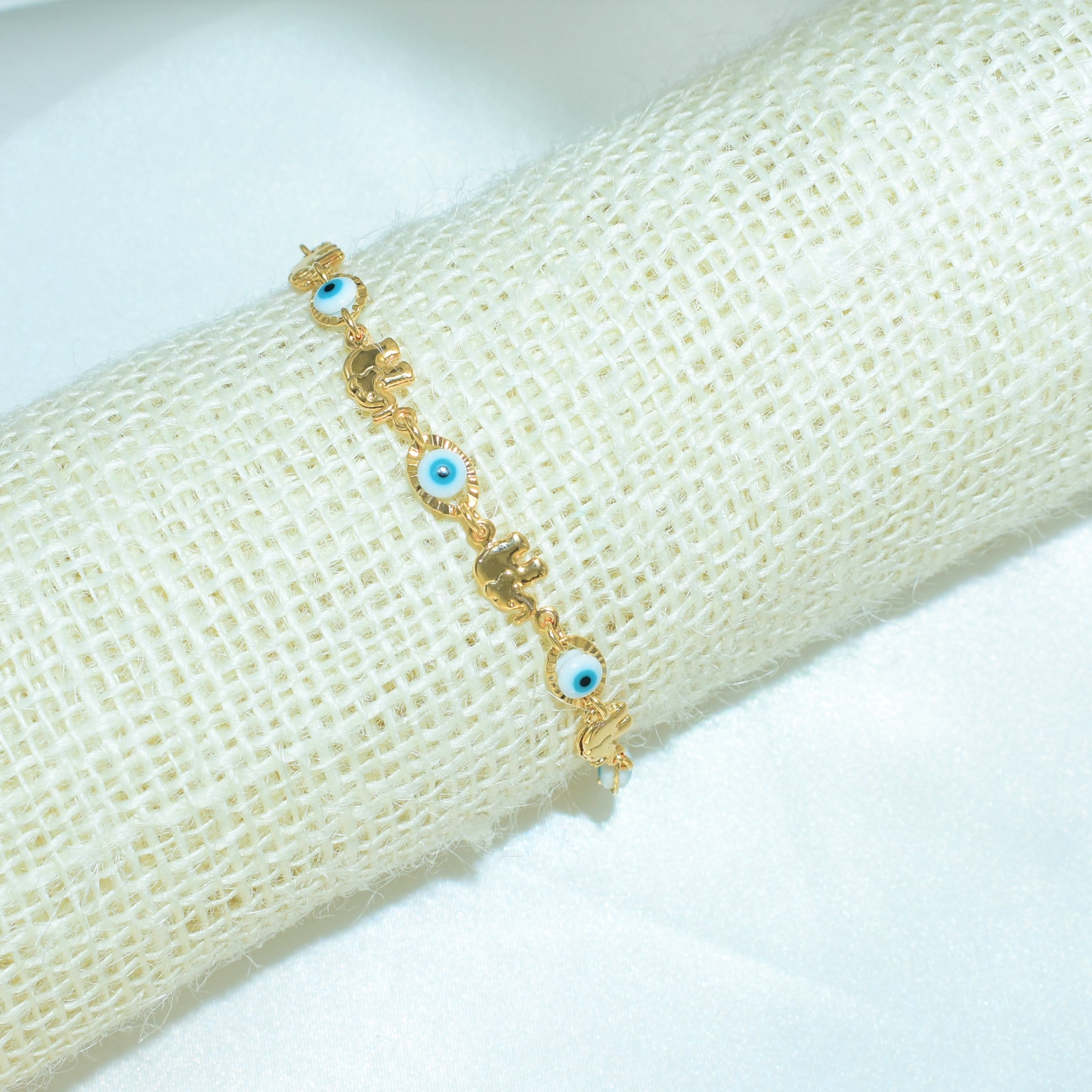 Blue Evil Eye, Elephant Gold Plated Protection Bracelet, 7.5 inch - For Her - Picture 10 of 12