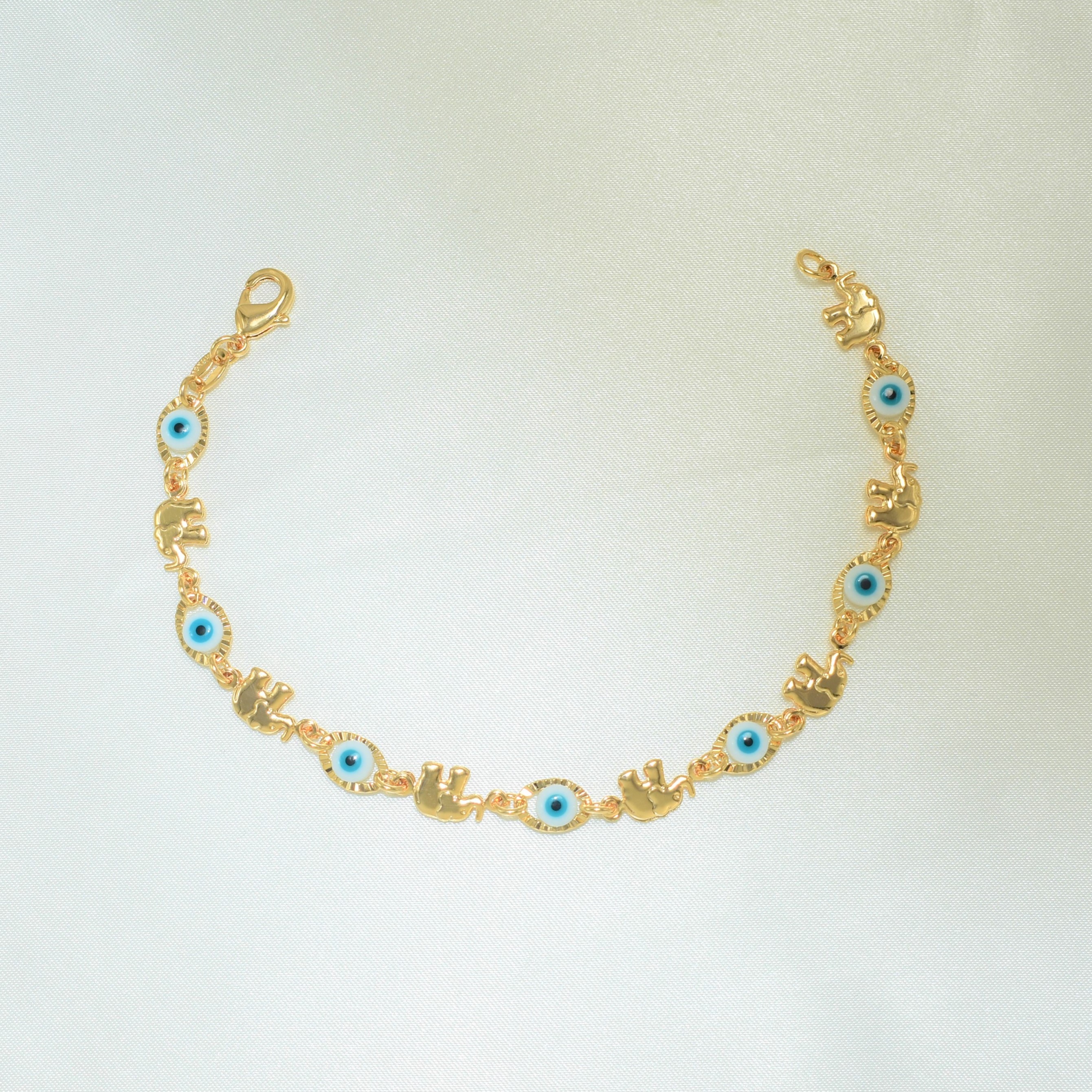 Blue Evil Eye, Elephant Gold Plated Protection Bracelet, 7.5 inch - For Her - Picture 8 of 12