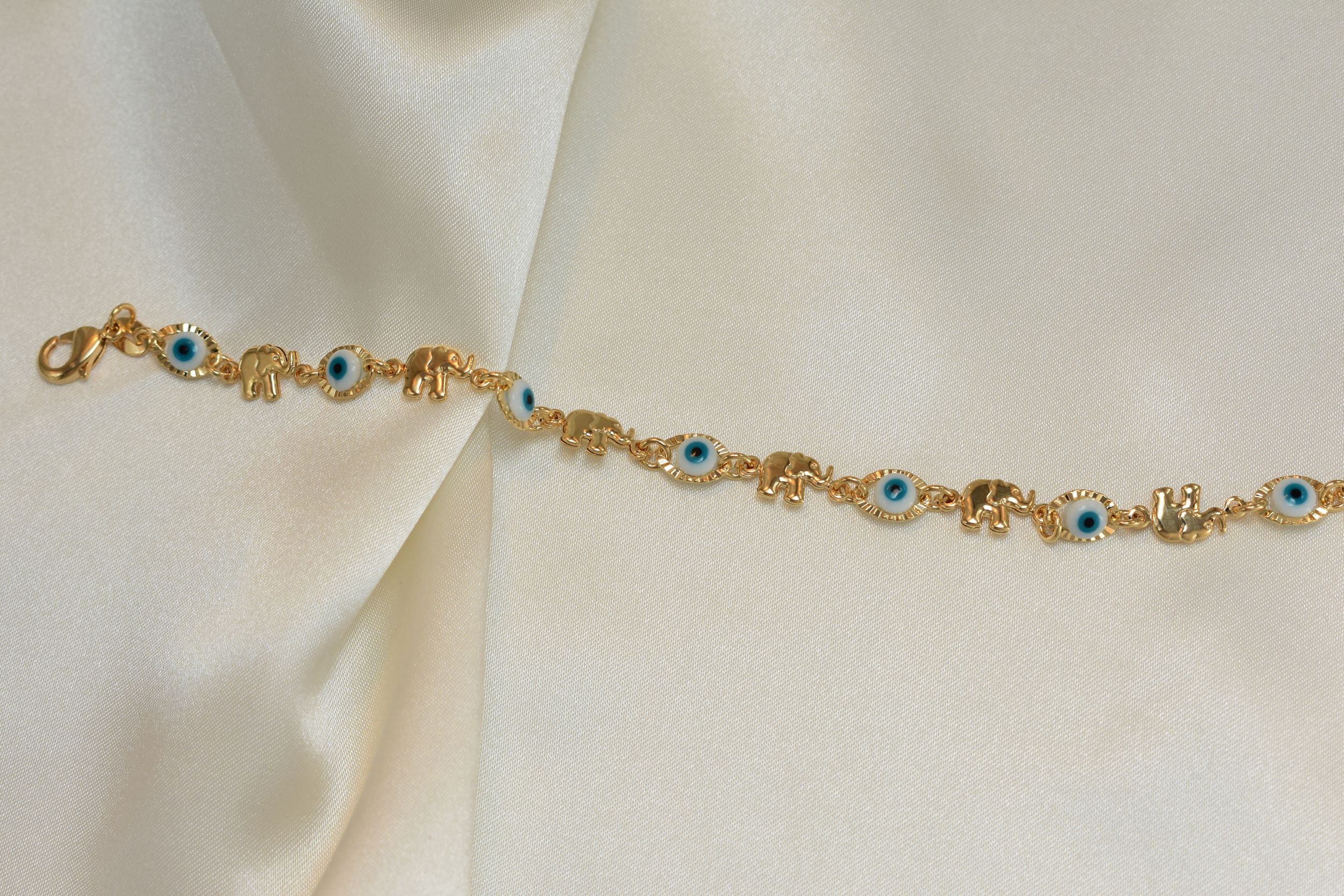 Blue Evil Eye, Elephant Gold Plated Protection Bracelet, 7.5 inch - For Her - Picture 11 of 12