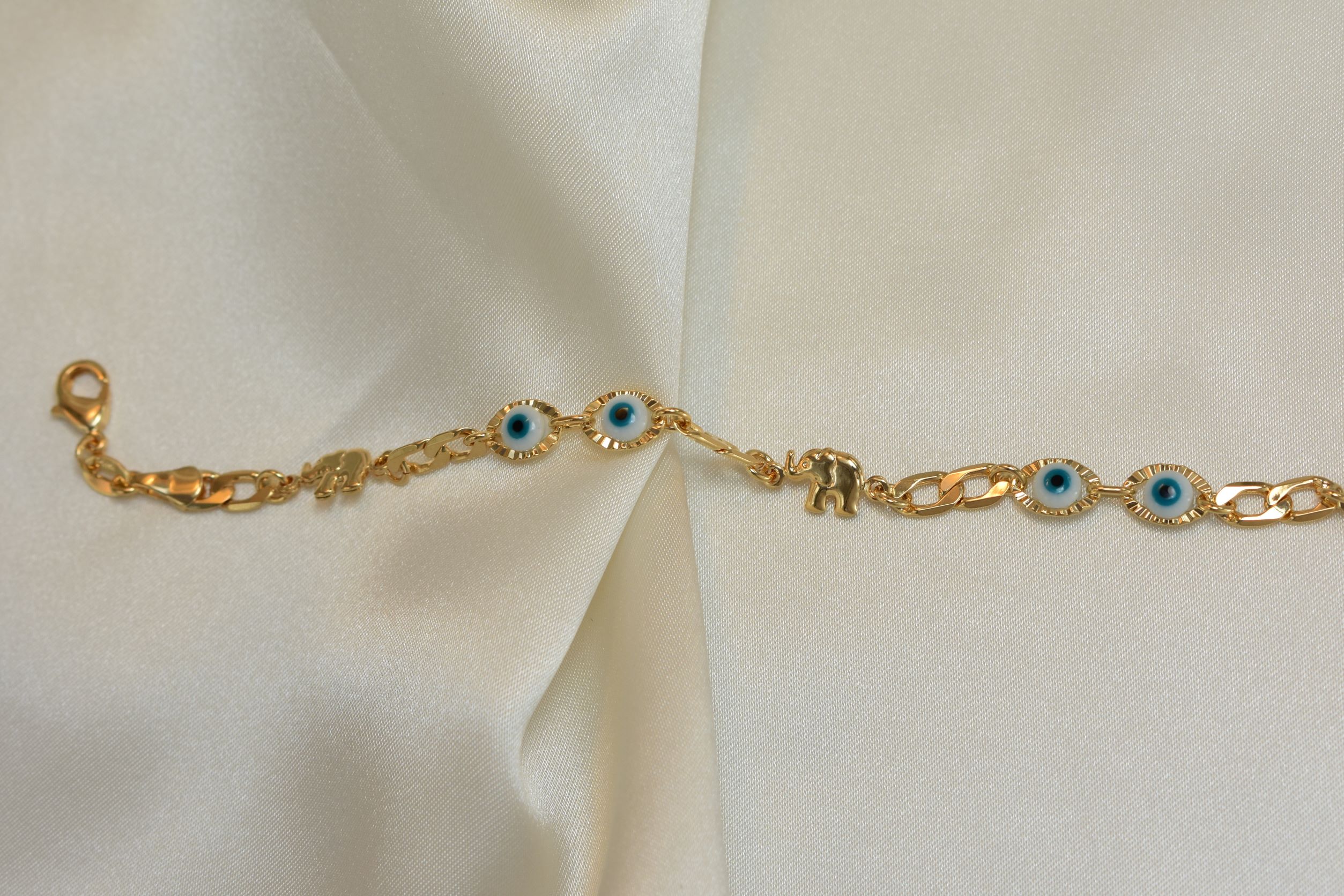 Blue Evil Eye, Elephant Gold Plated Protection Bracelet, 7.5 inch - For Her - Picture 12 of 12