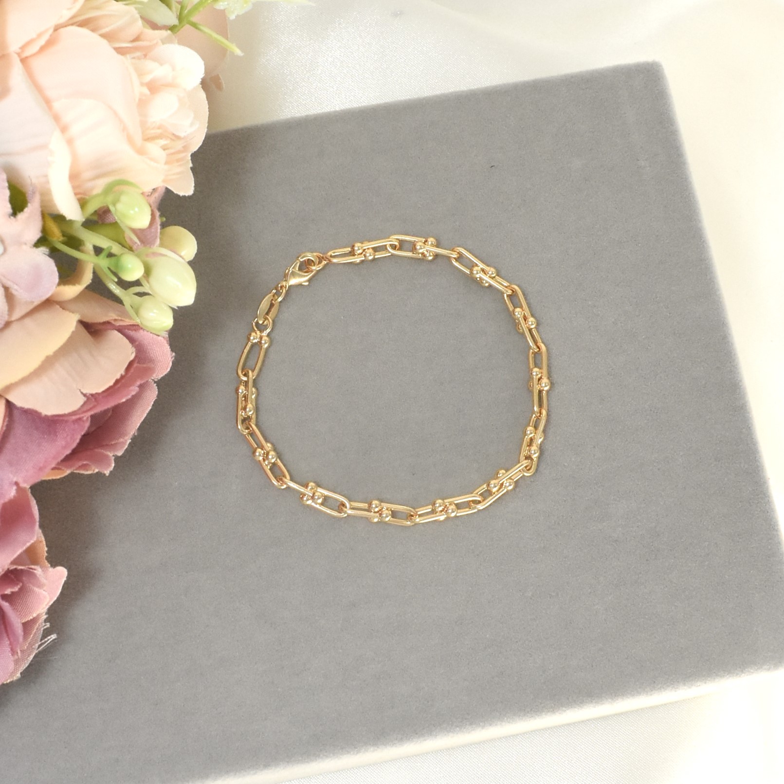 Chunky U Shape Gold Plated Bracelet, Pave Horseshoe Gold Charm Bracelet, Gift - Picture 10 of 20