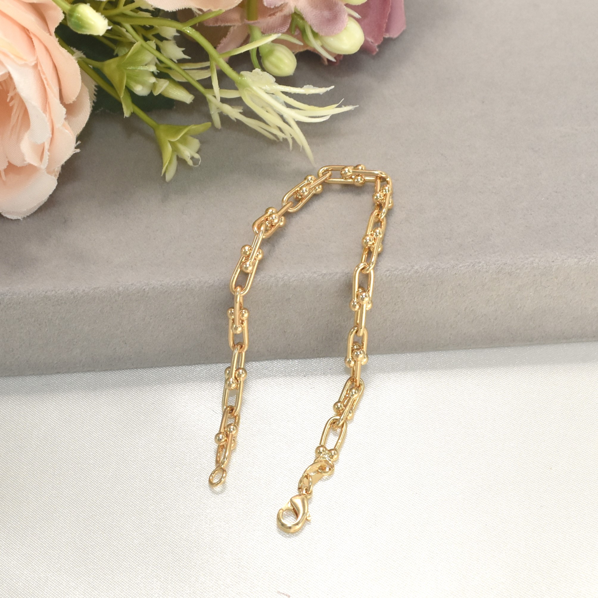 Chunky U Shape Gold Plated Bracelet, Pave Horseshoe Gold Charm Bracelet, Gift - Picture 16 of 20