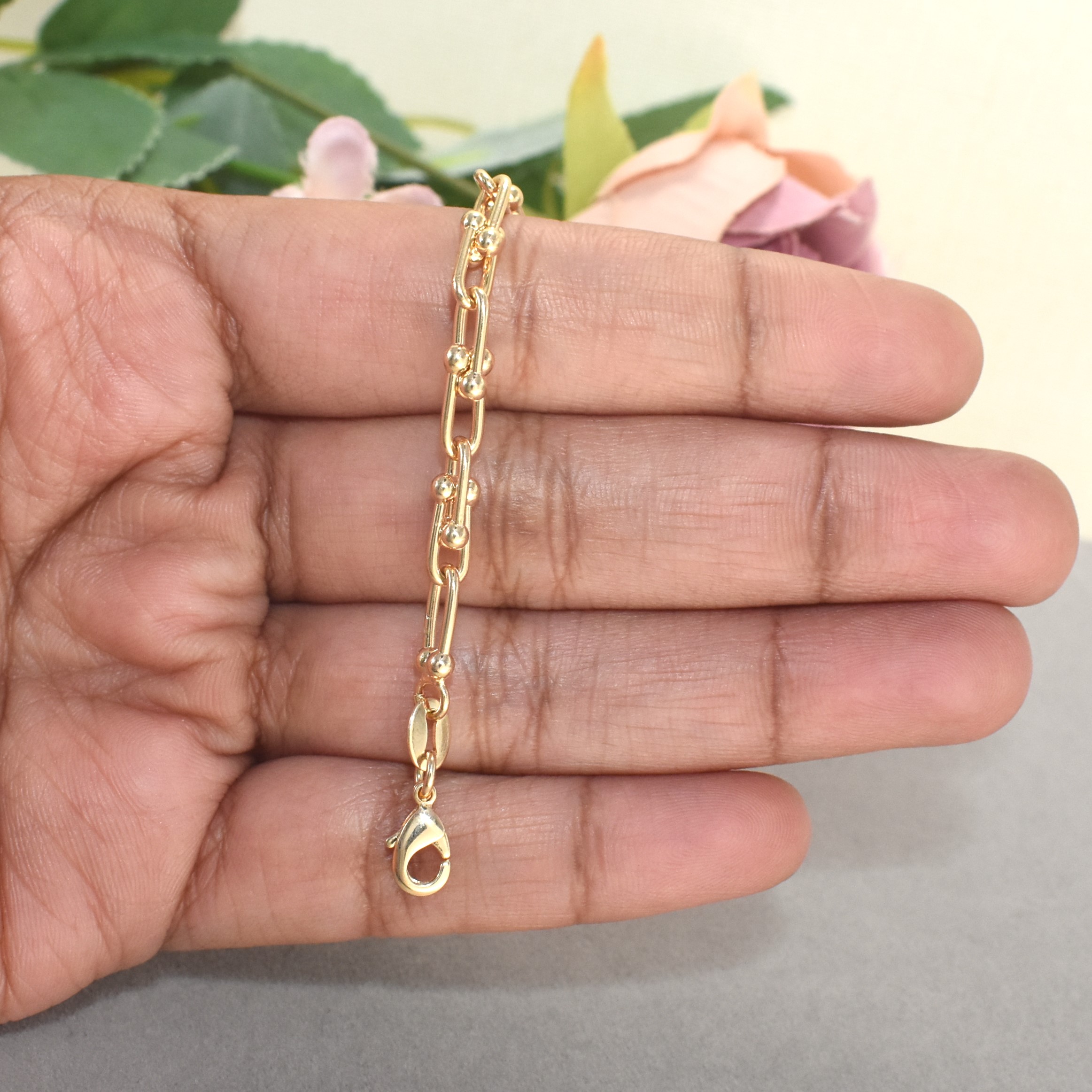 Chunky U Shape Gold Plated Bracelet, Pave Horseshoe Gold Charm Bracelet, Gift - Picture 14 of 20