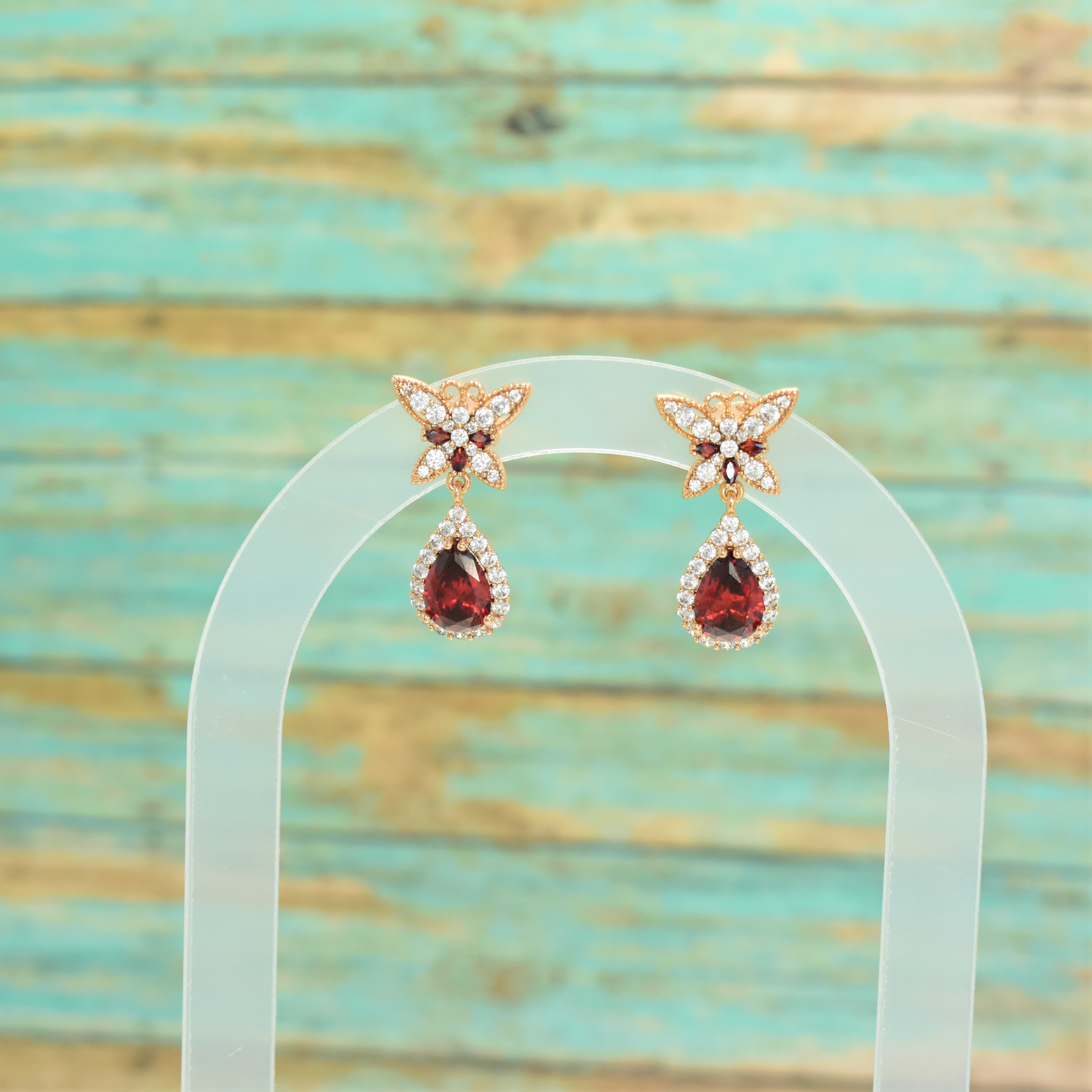 Colorful Red White Green Pink Tear Drop Earring GoldPlated Dangly Statement Stud - Picture 14 of 18