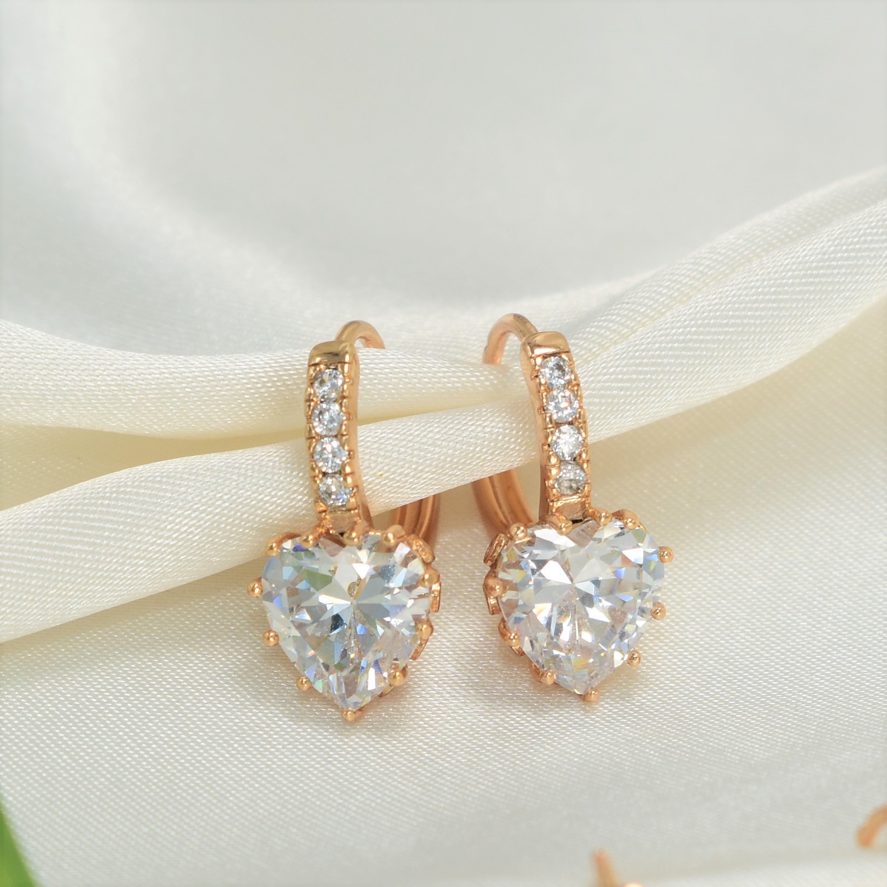 Dangly CZ Gold Plated Round Huggie Heart Dainty Minimalist Earrings - Picture 8 of 8