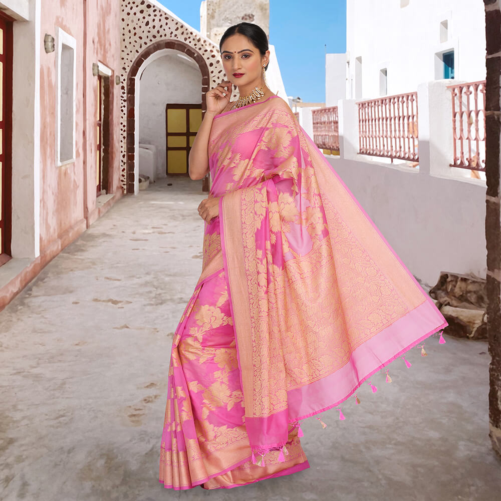 как выглядит Pink color banarasi jaal work sari фото