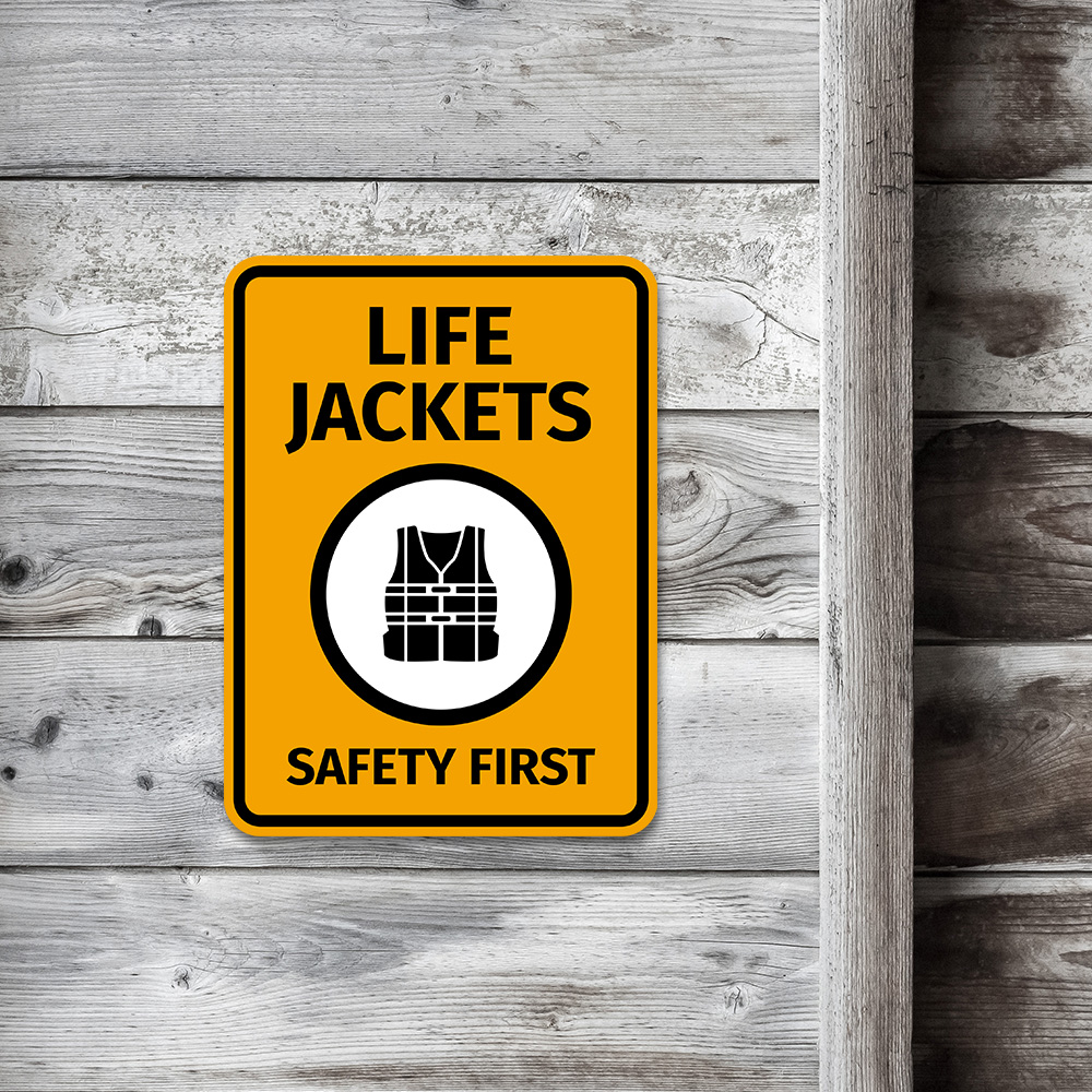 Life Jacket Rack With Sign Portrait Round Plus Life Jackets Safety First Wall or Door Sign | Boats ...