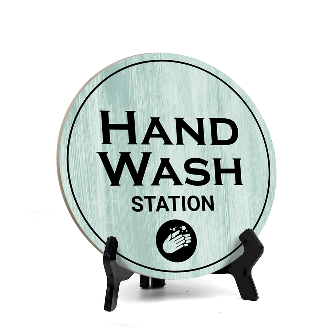 Round Hand Wash Station, Bathroom Table Sign with Acrylic Easel (5 x 5″)